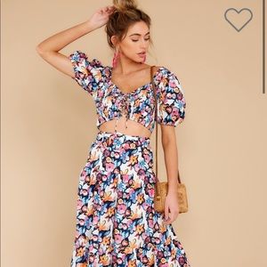 Red Dress Floral Two Piece Crop Top and Skirt Set